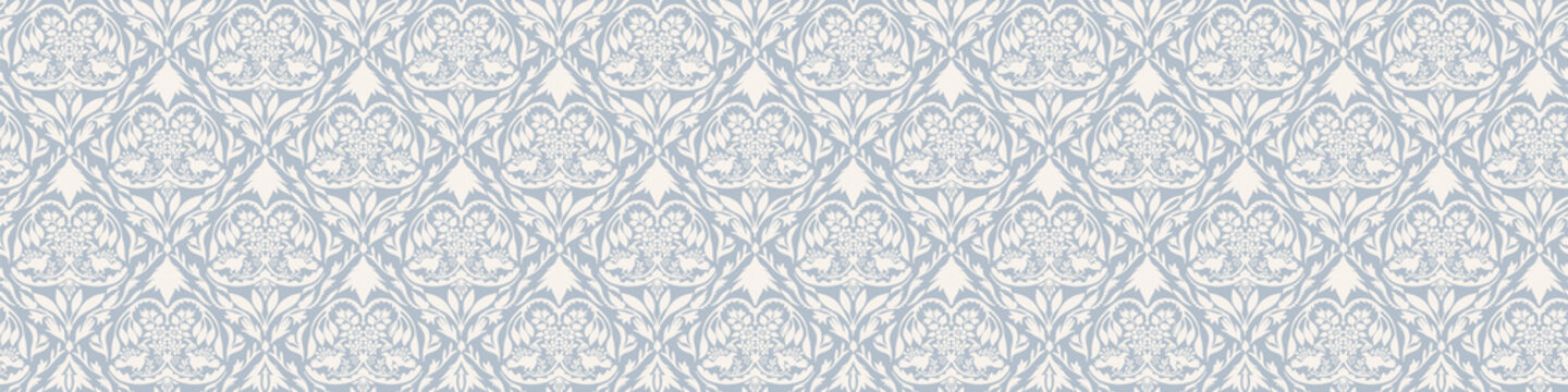 Seamless Ornate Medallion Border Pattern In French Cream Linen Shabby Chic Style. Hand Drawn Floral Damask Bordure. Old White Blue Background.  Interior Home Decor Edging. Ornate Flourish Ribbon Trim