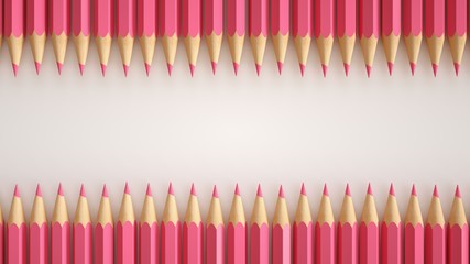 Several pink pencils in a row on white background.