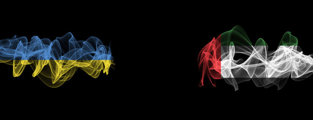 Flags of Ukraine and UAE on Black background, Ukraine vs United Arab Emirates Smoke Flags