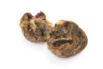 Photo spoiled potatoes isolated on white background. Bad products