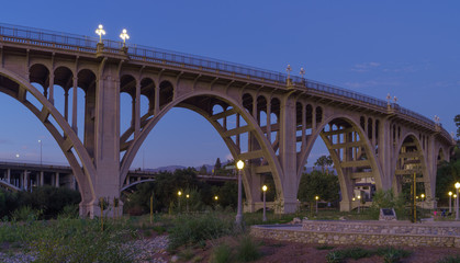 The Colorado Street bridge in Pasadena, Los Angeles county. The 134 Freeway is in the middle ground. Bridge perspective taken from Desiderio Park.