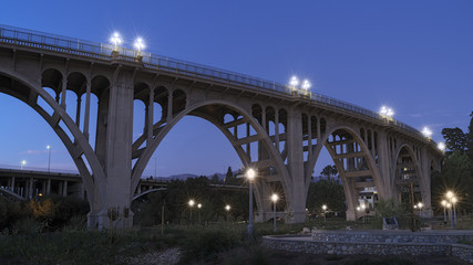 The Colorado Street bridge in Pasadena, Los Angeles county. The 134 Freeway is in the middle ground. Bridge perspective taken from Desiderio Park.