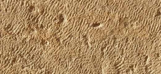 Beautiful sandstone, compacted sand. Stone texture on an old marble monument. Bright yellow color, rough surface, individual damage on the plane. Evening sunshine. Ancient architecture