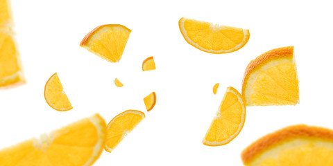 Orange slice illustration. Citrus fruit tangerine isolated on white. Falling background.