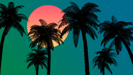 3d illustration silhouette of palm trees on a colorful, star filled sky background with the sun