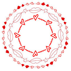 Abstract doodle frames set with hearts and lips. Isolated abstract hand drawn art on white background. Vector stock illustration.