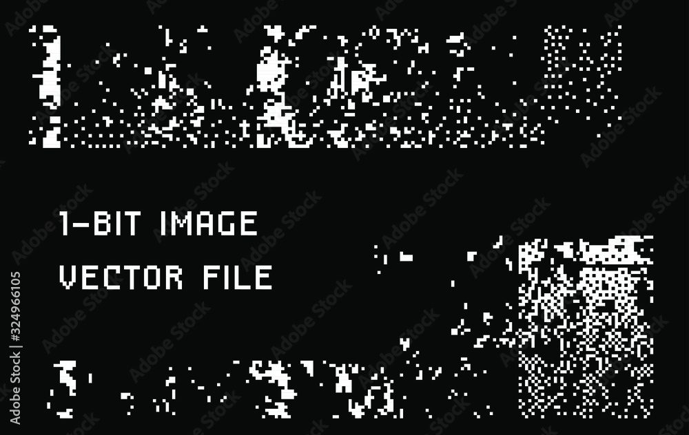 Poster Set of white noise textures, glitch pattern. Collection of 1-bit pixel art elements for design.