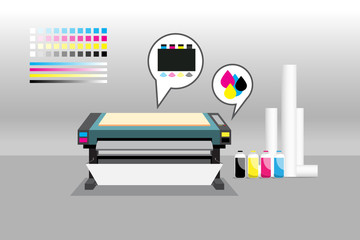 Large wide format Printer or plotter with media rolls in gray room. Electronic device for making sign or banner in commercial advertising business. editable with layers vector