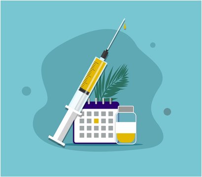 Vector illustration with vaccine, syringe, calendar.