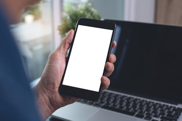Mockup businessman using smartphone, working, at office