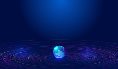 3D earth, lines, particle universe vortex, network big data background.