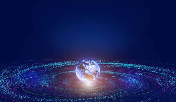 Fototapeta 3D earth, lines, particle universe vortex, network big data background.