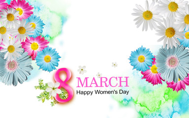 : Greeting card on March 8 with beautiful flowers. Congratulations on International Women 's Day