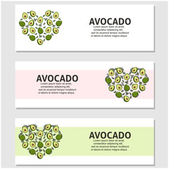 Avocado fruit flat illustration with leaves vector banner background set of 3. Scalable and editable. Vector design for banner, background, card, landing page, brochure, flyer, cover