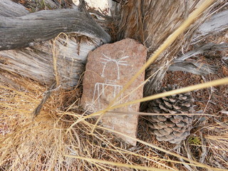 Painted Rock with Shaman Image and Pine Cone