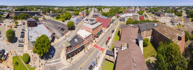 Woonsocket Main Street Historic District panorama aerial view in downtown Woonsocket, Rhode Island...