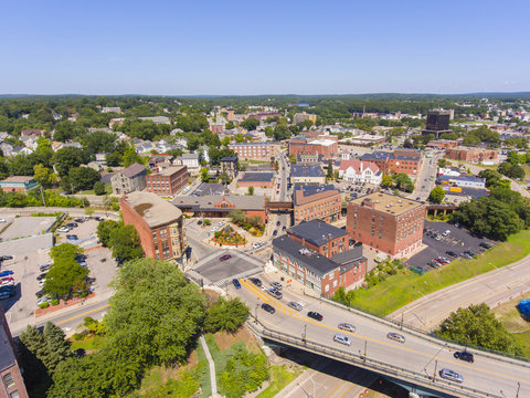 Woonsocket Main Street Historic District aerial view in downtown Woonsocket, Rhode Island RI, USA.