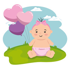 cute little baby girl with balloons helium in landscape vector illustration design