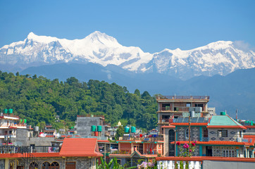 Fototapeta na wymiar Landscape city of Pokhara in Nepal in Himalayas Mountains