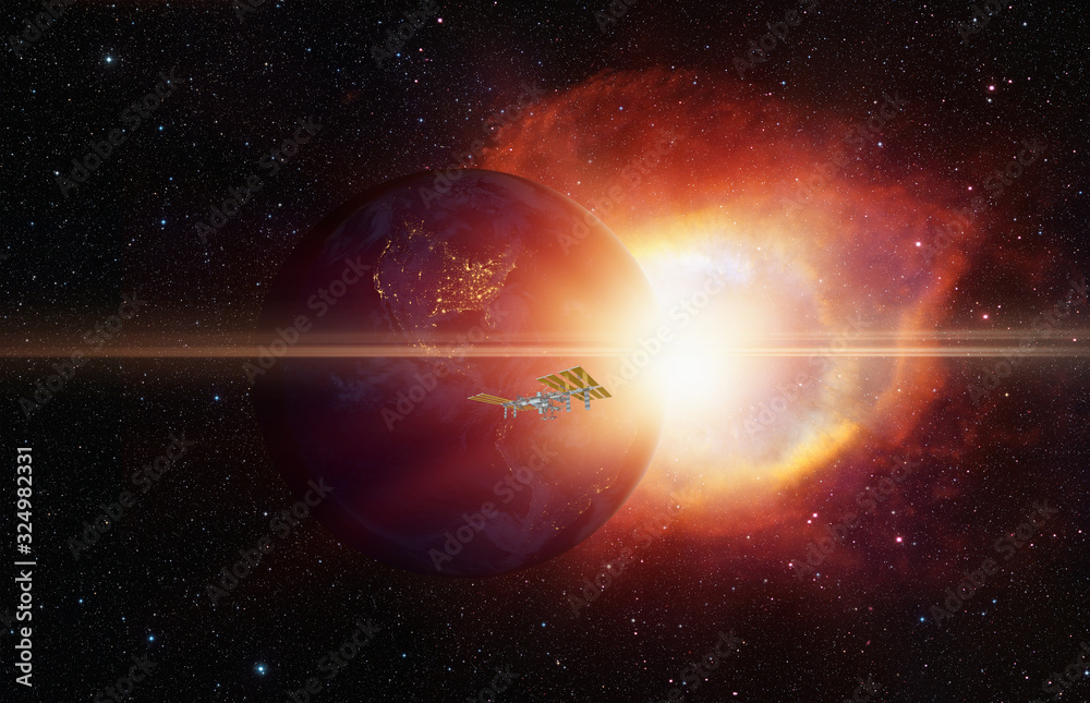 Poster Planet earth with supernova explosion - Deep space abstract sci-fi backgrounds 