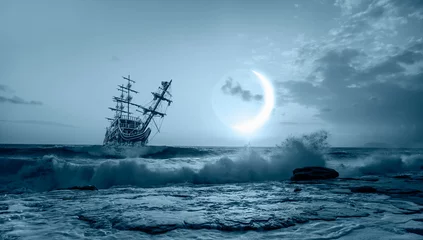 Stof per meter Sailing ship in storm sea against crescent moon © muratart