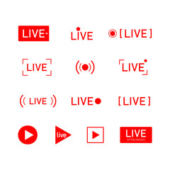 Set of red buttons and symbols live streaming icons. Online show sign. Vector illustration.