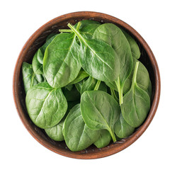 Fresh spinach leaves in a clay bowl isolated on a white background. Food for fitness. The view from the top.