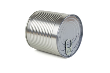 Tin can lying on its side isolated on a white background.
