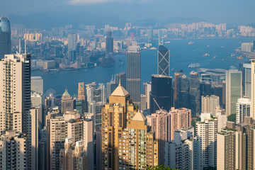 Panoramic banner cover of Hong kong city view from Victoria harbour, travel concept background.