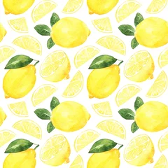 Papier Peint photo Citrons Motif harmonieux d& 39 aquarelle avec des citrons jaunes mûrs et des feuilles sur fond blanc. Illustration de tirage à la main isolée.