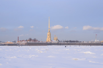 Frozen Neva river and Peter and Paul fortress.