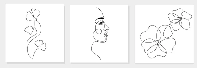 Peel and stick wall murals One line One line drawing abstract woman face, ginkgo biloba leaf, flower. Modern single line art, female portrait, aesthetic contour. Great for poster, wall art, tote bag, t-shirt print, sticker, logo. Vector