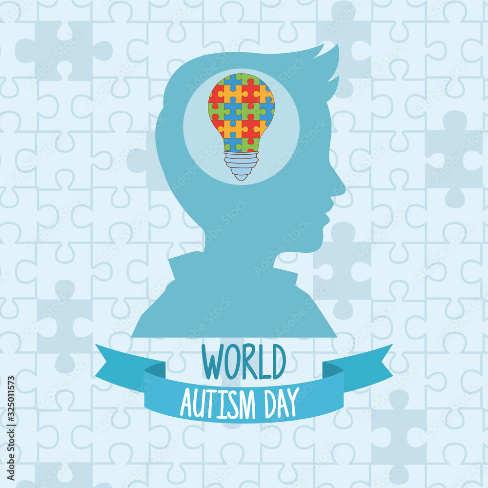 Poster world autism day with profile and bulb puzzle