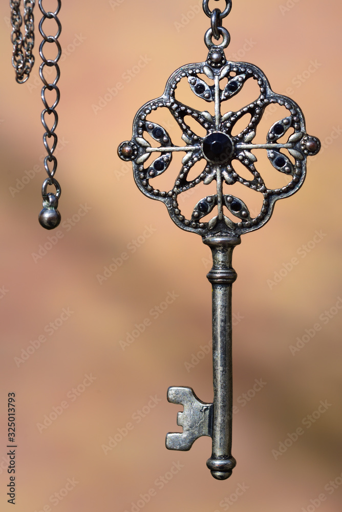 Wall mural an old antique metal key hangs on a silver chain against a light background