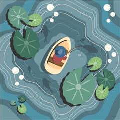 Vector image of a person rowing with fish in a lotus pond.