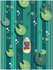 Vector image of a person rowing with fish in a lotus pond.