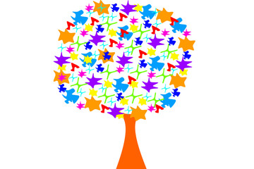 Vector illustration of colored tree made of abstract shapes. Asymmetric tree shape.