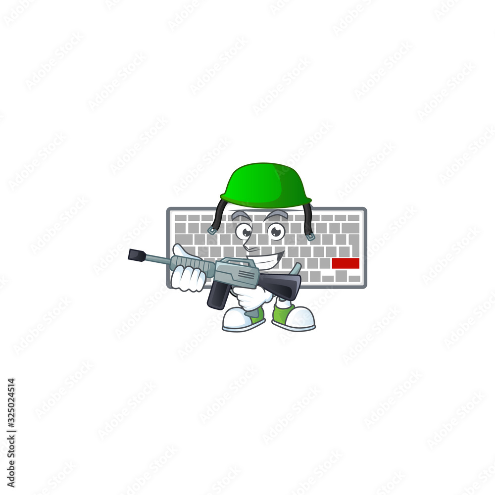 Sticker White keyboard mascot design in an Army uniform with machine gun