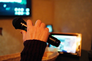 日本人が大好きな趣味のカラオケ　カラオケルームで歌う手とマイク