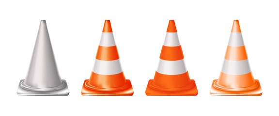 Set 3d orange realistic traffic cones with light and orange stripes isolated on white background. Vector illustration.