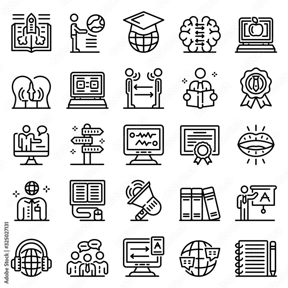 Poster foreign language teacher icons set. outline set of foreign language teacher vector icons for web des