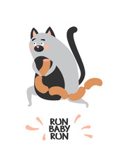 A cunning gray cat runs and holds stolen sausages in its paws. Cute thief. Greeting card with the inscription Run baby run. Vector illustration
