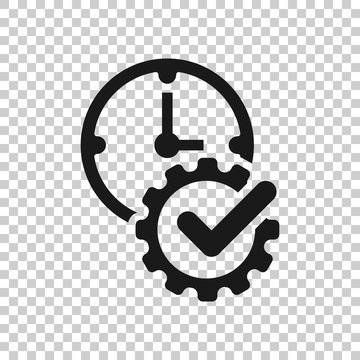 Check mark on clock icon in flat style. Gear with time vector illustration on white isolated background. Production business concept.