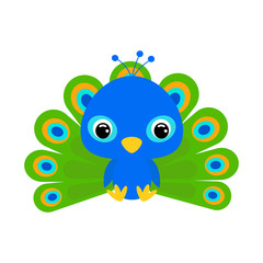 Cute little sitting peacock. Flat vector stock illustration