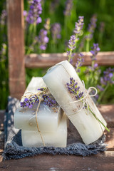 Ecological and handmade cubes of lavender soap - obrazy, fototapety, plakaty