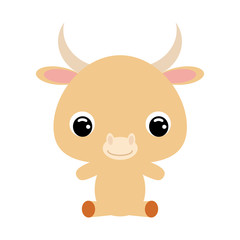 Cute little sitting yak. Domestic animal. Flat vector stock illustration