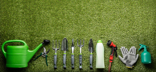 Various Gardening Tools Laying On Grass