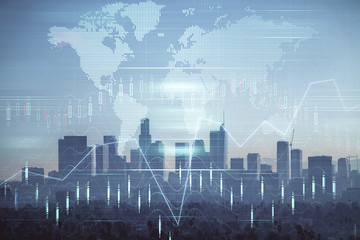 Plakat Forex chart on cityscape with skyscrapers wallpaper double exposure. Financial research concept.