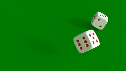 3d image. White dice fly over a green gaming table.