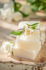 Obraz na płótnie Canvas Ecological rose soap made of fresh flowers